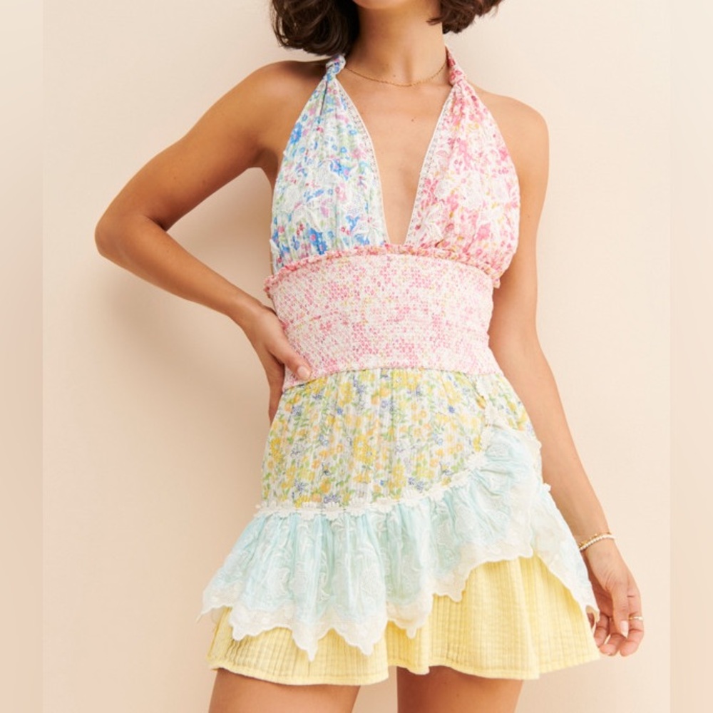 LoveShackFancy Cambria Halter Colorblock Mini Dress